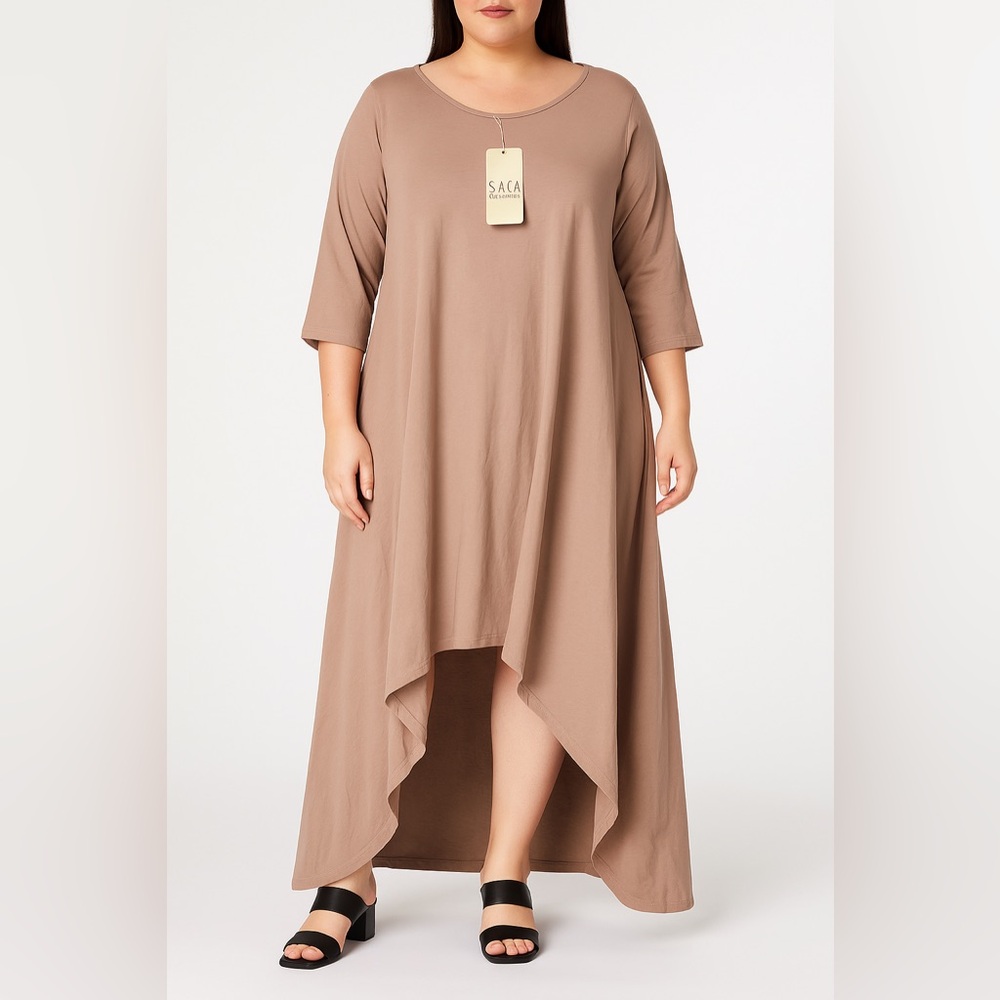 SAGA Made in Italy Taupe Asymmetrical Maxi Dress NWT $129 Original